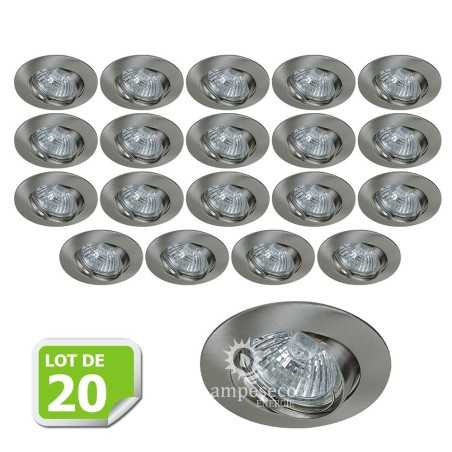 Nouveauté ! Lot de 20 Supports Encastrables Orientables pour LED, CFL ou Halogènes - Couleur Acier Brossé