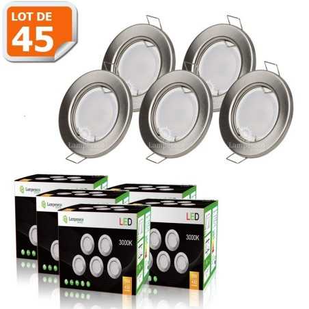 LOT DE 40 SPOT LED ENCASTRABLE COMPLETE RONDE FIXE ALU BROSSE eq. 50W CHAUD 3000K