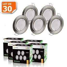 LOT DE 30 SPOT LED ENCASTRABLE COMPLETE RONDE FIXE ALU BROSSE eq. 50W BLANC CHAUD 3000K
