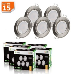 LOT DE 15 SPOT LED ENCASTRABLE COMPLETE RONDE FIXE ALU BROSSE eq. 50W BLANC CHAUD 3000K