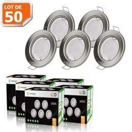 LOT DE 50 SPOT LED ENCASTRABLE COMPLETE RONDE FIXE ALU BROSSE eq. 50W BLANC CHAUD 3000K