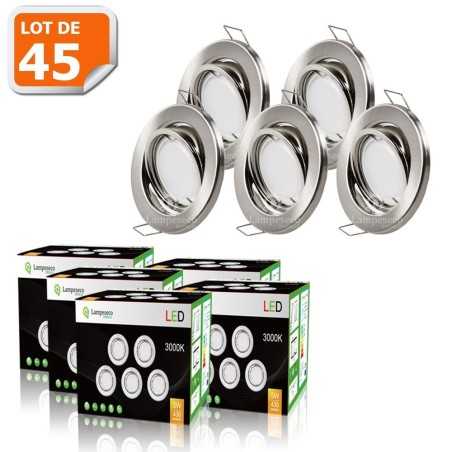 Lot de 45 spot led encastrable orientable alu brossé avec ampoule gu10 230v eq. 50w, blanc chaud