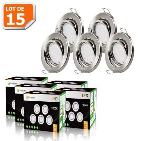 LOT DE 15 SPOT LED ENCASTRABLE COMPLETE ORIENTABLE ALU BROSSE AVEC AMPOULE GU10 230V eq. 50W