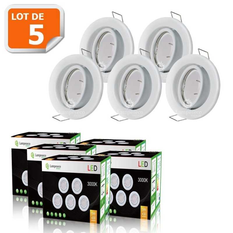 LOT DE 5 SPOT LED ENCASTRABLE COMPLETE ORIENTABLE BLANC AVEC AMPOULE GU10 230V eq. 50W LOT DE 5 SPOT LED ENCASTRABLE COMPLETE ORIENTABLE BLANC AVEC AMPOULE GU10 230V eq. 50W