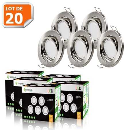 LOT DE 20 SPOT LED ENCASTRABLE COMPLETE ORIENTABLE ALU BROSSE AVEC AMPOULE GU10 230V eq. 50W