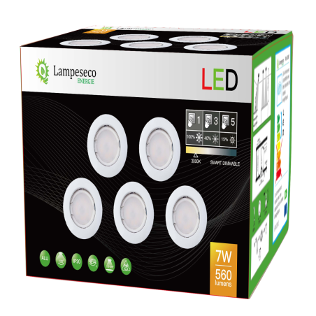 15 Spots LED 3 Intesités 7W Eq. 56W - Blanc Chaud, Finition Blanc | Éclairage Économique et Élégant
