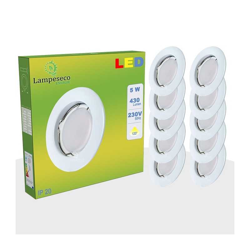 Lot de 10 Spot Led Encastrable Complete Blanc Lumière Blanc Chaud 5W eq.50W ref.267 Lot de 10 Spot Led Encastrable Complete Blanc Lumière Blanc Chaud 5W eq.50W ref.267