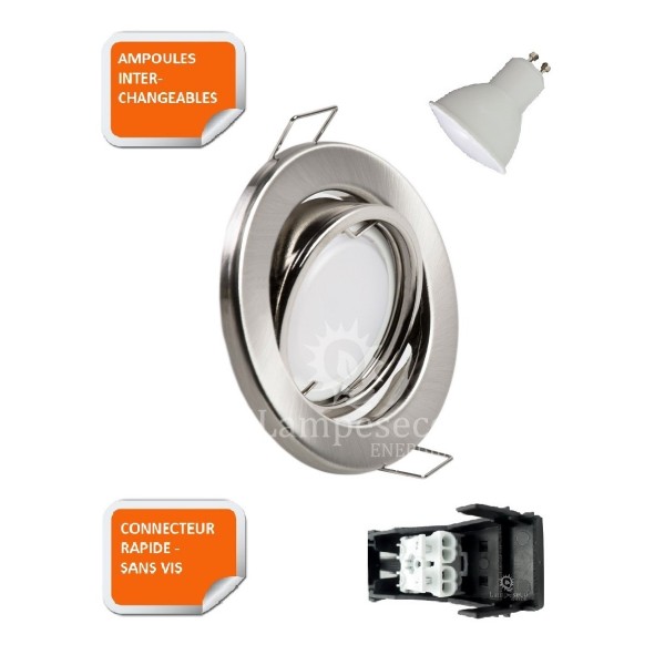 LOT DE 30 SPOT LED ENCASTRABLE COMPLETE ORIENTABLE ALU BROSSE AVEC AMPOULE GU10 230V eq. 50W