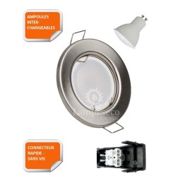 LOT DE 50 SPOT LED ENCASTRABLE COMPLETE RONDE FIXE ALU BROSSE eq. 50W BLANC CHAUD 3000K