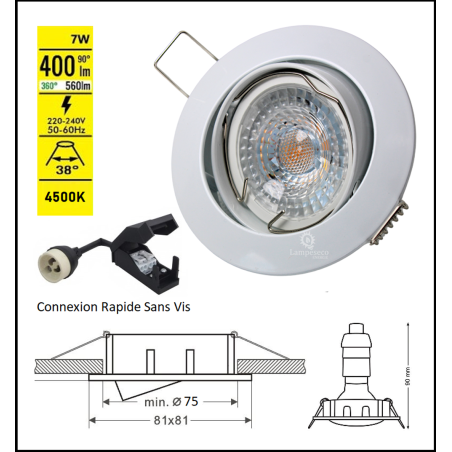 Lot de 8 Spot led 7w ronde blanc orientable blanc neutre 38° angle