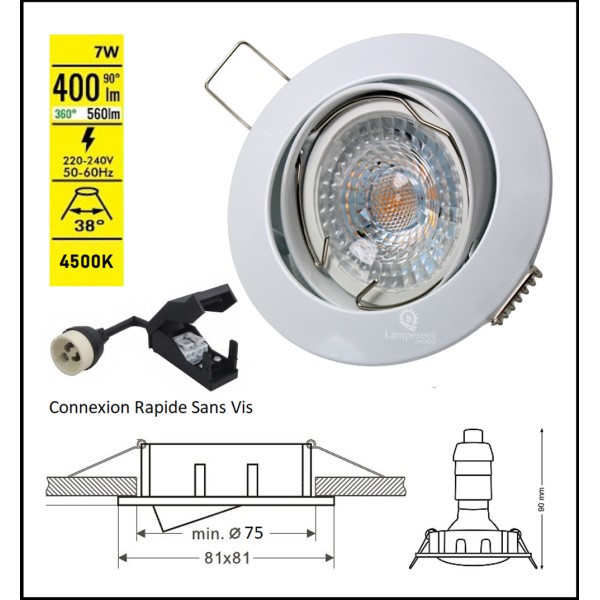 Lot de 5 Spot led 7w ronde blanc orientable blanc neutre 38° angle