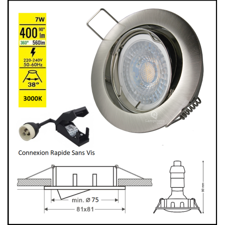 LOT DE 40 SPOT LED RONDE ALU BROSSE 230V COB LED 5W RENDU 50W BLANC CHAUD