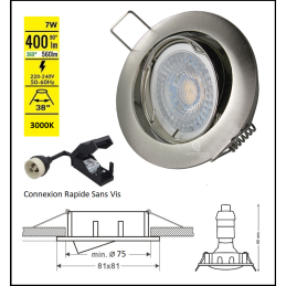 LOT DE 30 SPOT LED RONDE ALU BROSSE 230V COB LED 5W RENDU 50W BLANC CHAUD