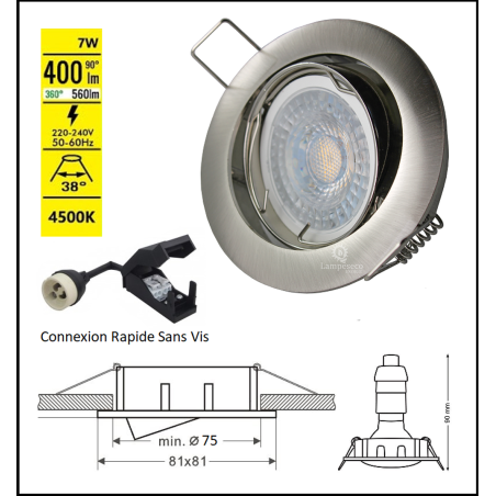 LOT DE 30 SPOT LED RONDE ALU BROSSE 230V COB LED 5W RENDU 50W BLANC FROID