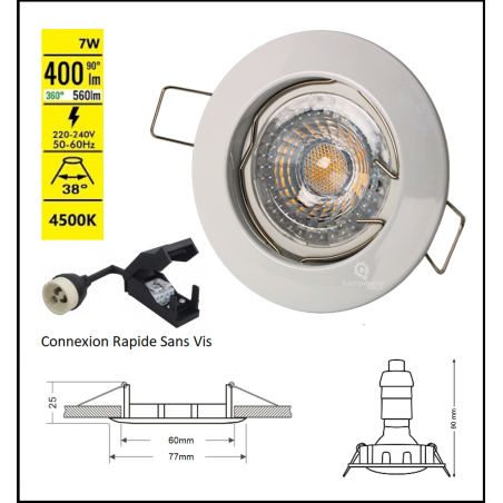 LOT DE 20 SPOT ENCASTRABLE FIXE LED GU10 230V BLANC AVEC COB LED 5W RENDU ENVIRON 50W HALOGENE