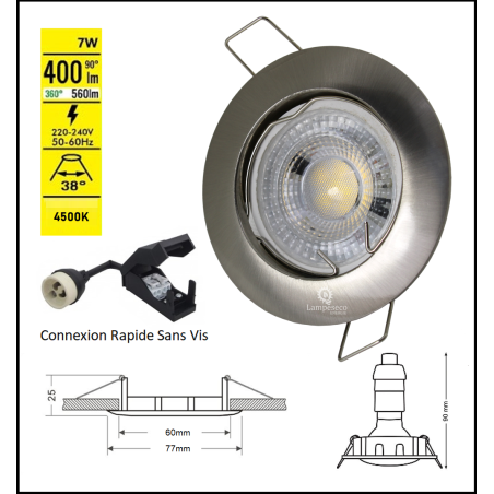 LOT DE 5 SPOT LED FIXE COMPLETE ALU BROSSE AVEC COB LED 5W BLANC FROID