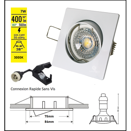 LOT DE 30 SPOT LED CARRE BLANC 230V COB LED 5W RENDU 50W BLANC CHAUD