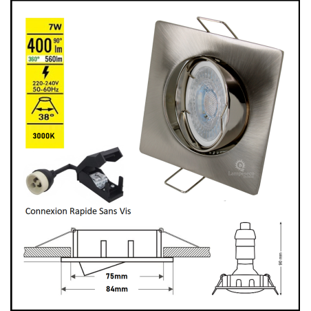 LOT DE 40 SPOT LED CARRE 230V ALU BROSSE COB LED 5W RENDU 50W BLANC CHAUD