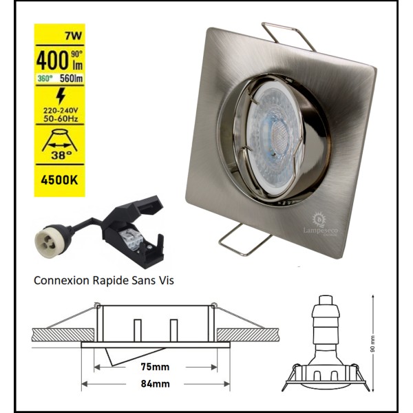 LOT DE 40 SPOT LED CARRE 230V ALU BROSSE COB LED 5W RENDU 50W BLANC FROID