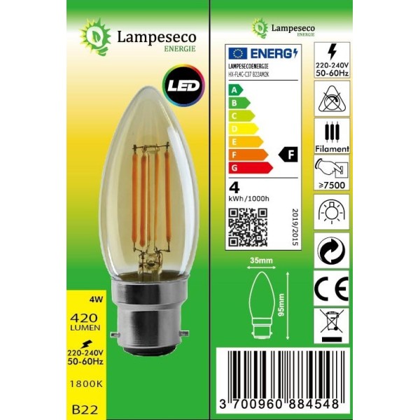 Éclairez votre intérieur avec style : Lot de 5 Ampoules Led Flamme Filament Doré 4W (éq. 42W) B22
