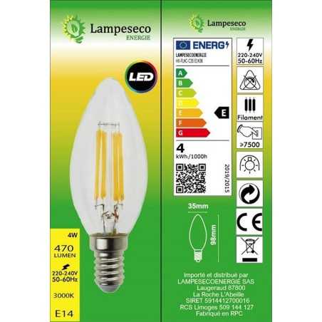 Ampoule LED COB Filament 4 watt (équivalent 42 Watt) E14 à visser luminosité chaude