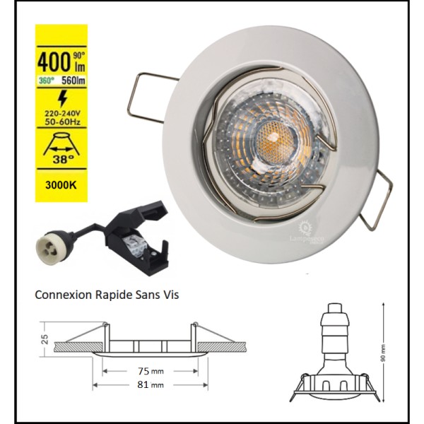 LOT DE 50 SPOT ENCASTRABLE FIXE LED GU10 230V BLANC AVEC COB LED 5W RENDU ENVIRON 50W HALOGENE