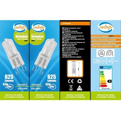 Ampoule Culot G9 halogène basse energie 40W (62W) 30% (Lot de10)