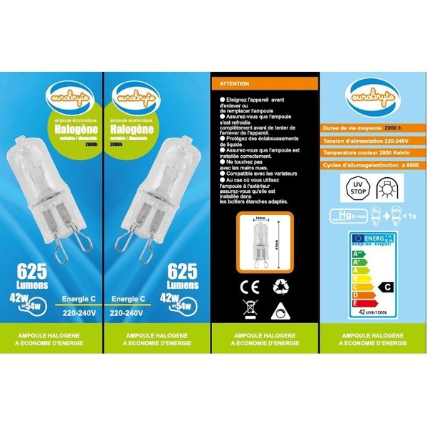 Ampoule Culot G9 halogène basse energie 40W (62W) 30% (Lot de10)