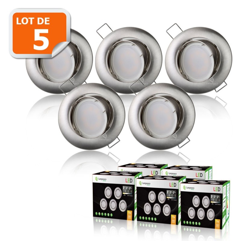 LOT DE 5 SPOT LED RONDE ALU BROSSE 230V COB LED 5W RENDU 50W BLANC FROID