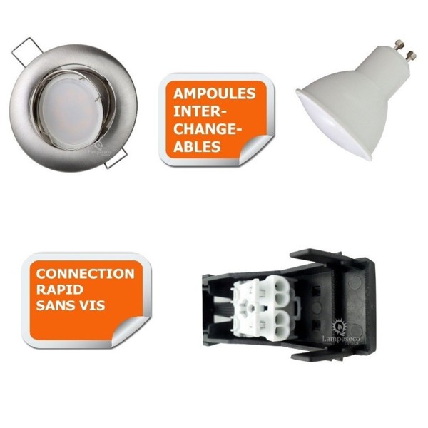 LOT DE 40 SPOT LED RONDE ALU BROSSE 230V COB LED 5W RENDU 50W BLANC FROID