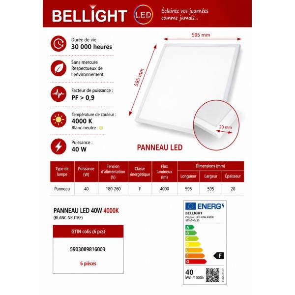 Lot de 6 Panneaux LED 40W 60x60 cm - Encastrable/En Saillie, 4000K, 4000lm – Plafonnier Éco-énergétique - Achetez en Ligne