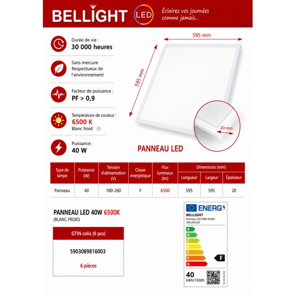 Lot de 6 Panneaux LED 40W 60x60 cm - Encastrable/En Saillie, 4000K, 4000lm – Plafonnier Éco-énergétique - Achetez en Ligne