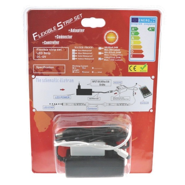 Kit RUBAN LED RGB 5M Complete. Transformateur + cable d\'alimentation + controleur + ruban LED de 5 mètres