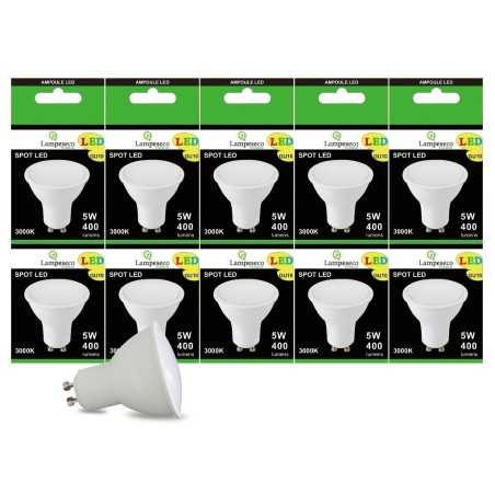 Pack de 10 Ampoules Led GU10 5W Blanc Chaud 3000K eq. 50W Halogène 120°