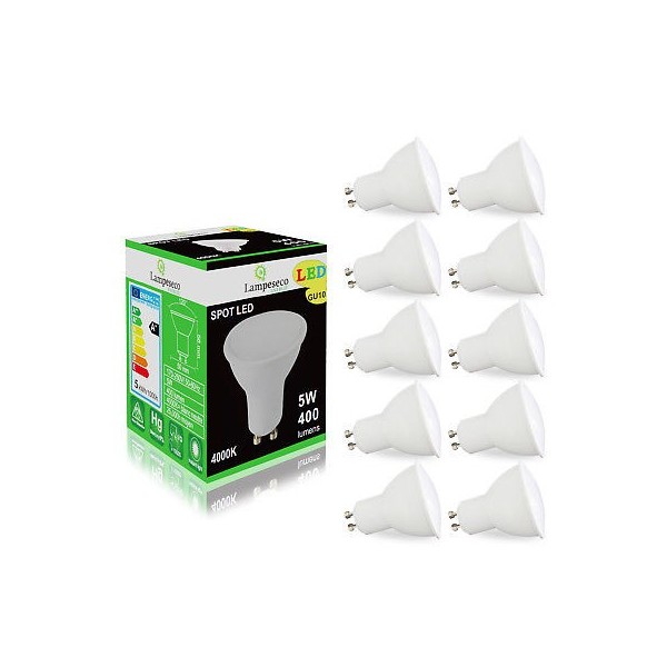 Pack de 10 Ampoules Led GU10 5W Blanc Neutre 4000K eq. 50W Halogène 120°