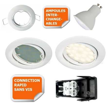 LOT DE 3 SPOT LED ENCASTRABLE COMPLETE ORIENTABLE BLANC AVEC AMPOULE GU10 230V eq. 50W
