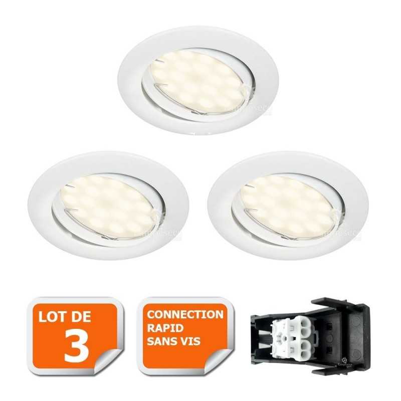 LOT DE 3 SPOT LED ENCASTRABLE COMPLETE ORIENTABLE BLANC AVEC AMPOULE GU10 230V eq. 50W LOT DE 3 SPOT LED ENCASTRABLE COMPLETE ORIENTABLE BLANC AVEC AMPOULE GU10 230V eq. 50W
