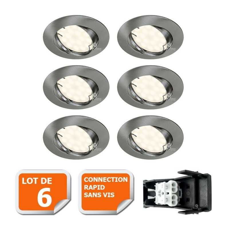 LOT DE 6 SPOT LED ENCASTRABLE COMPLETE ORIENTABLE ALU BROSSE AVEC AMPOULE GU10 230V eq. 50W