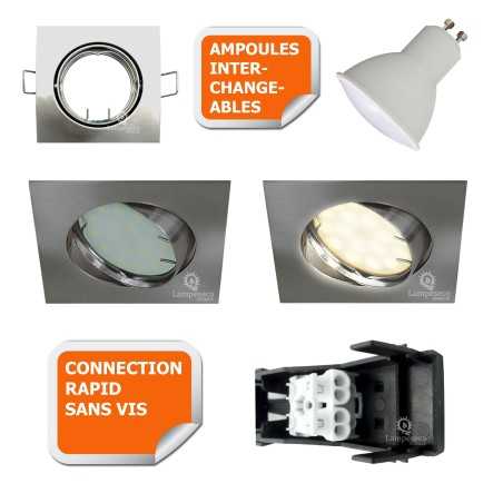 Éclairez votre maison avec style: Lot de 20 spots LED carré encastrables orientables alu brossé GU10 230V éq. 50W blanc neutre