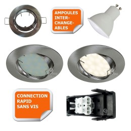 LOT DE 2 SPOT LED ENCASTRABLE COMPLETE ORIENTABLE ALU BROSSE AVEC AMPOULE GU10 230V eq. 50W