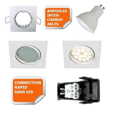 LOT DE 12 SPOT ENCASTRABLE ORIENTABLE CARRE LED SMD GU10 230V BLANC RENDU ENVIRON 50W HALOGENE