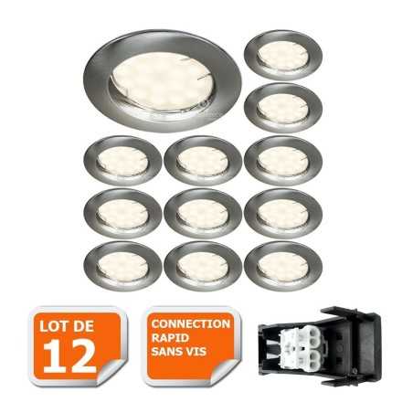 LOT DE 12SPOT LED ENCASTRABLE COMPLETE RONDE FIXE ALU BROSSE eq. 50W BLANC CHAUD 3000K