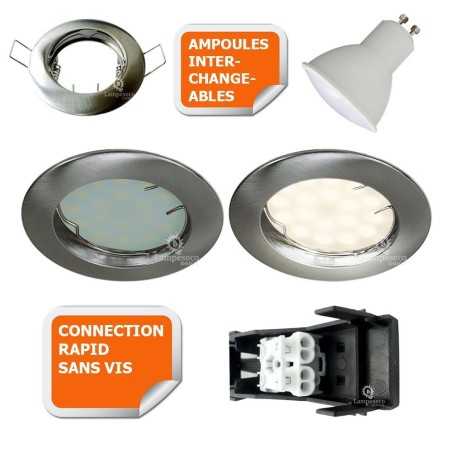 LOT DE 8 SPOT LED ENCASTRABLE COMPLETE RONDE FIXE ALU BROSSE eq. 50W BLANC CHAUD 3000K