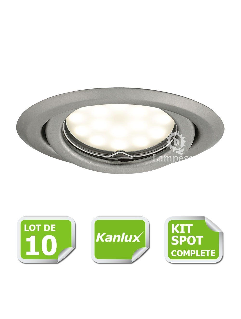 Kit complete de 10 Spots encastrable chrome mat orientable marque Kanlux  avec GU10 LED 5W blanc froid 6000K