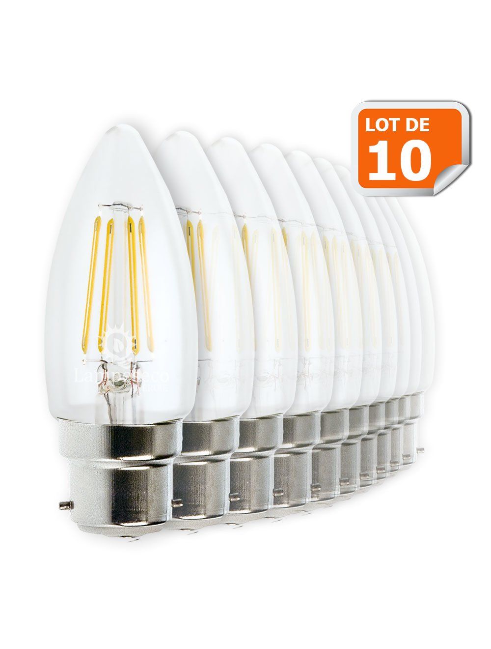 Lot de 10 Ampoules Led Flamme Filament 4 watt (éq. 42 Watt) Culot B22 à  baïonnette