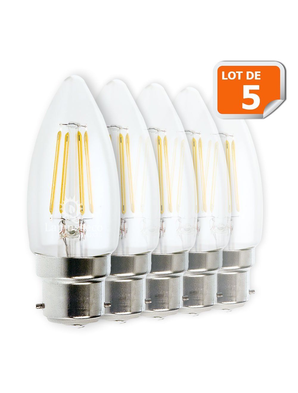 Lot de 5 Ampoules Led Flamme Filament 4 watt (éq. 42 Watt) Culot B22 à  baïonnette