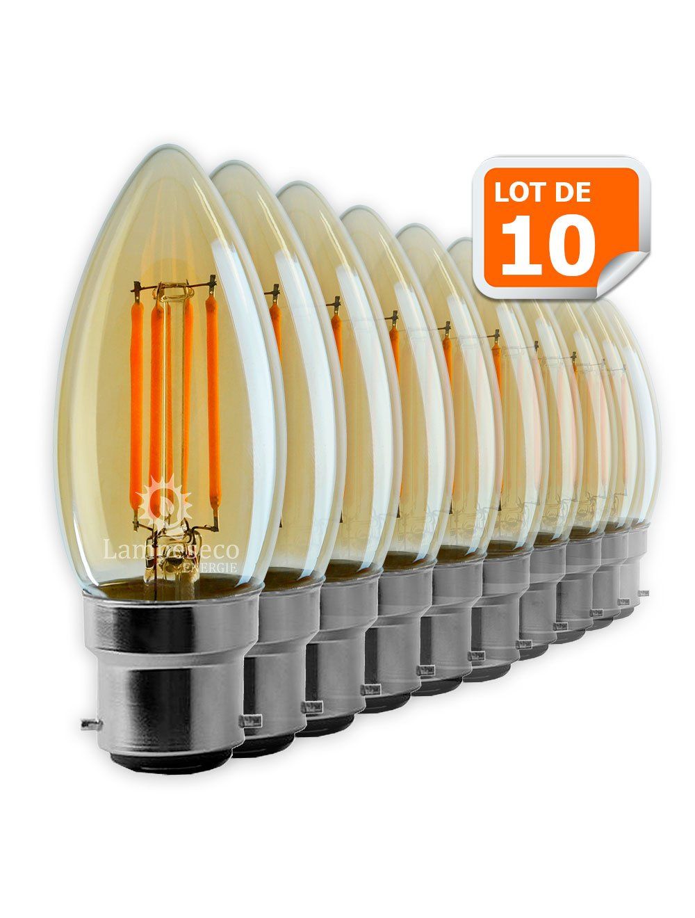 Lot de 10 Ampoules Led Flamme Filament Doré 4 watt (éq. 42 Watt) Culot B22