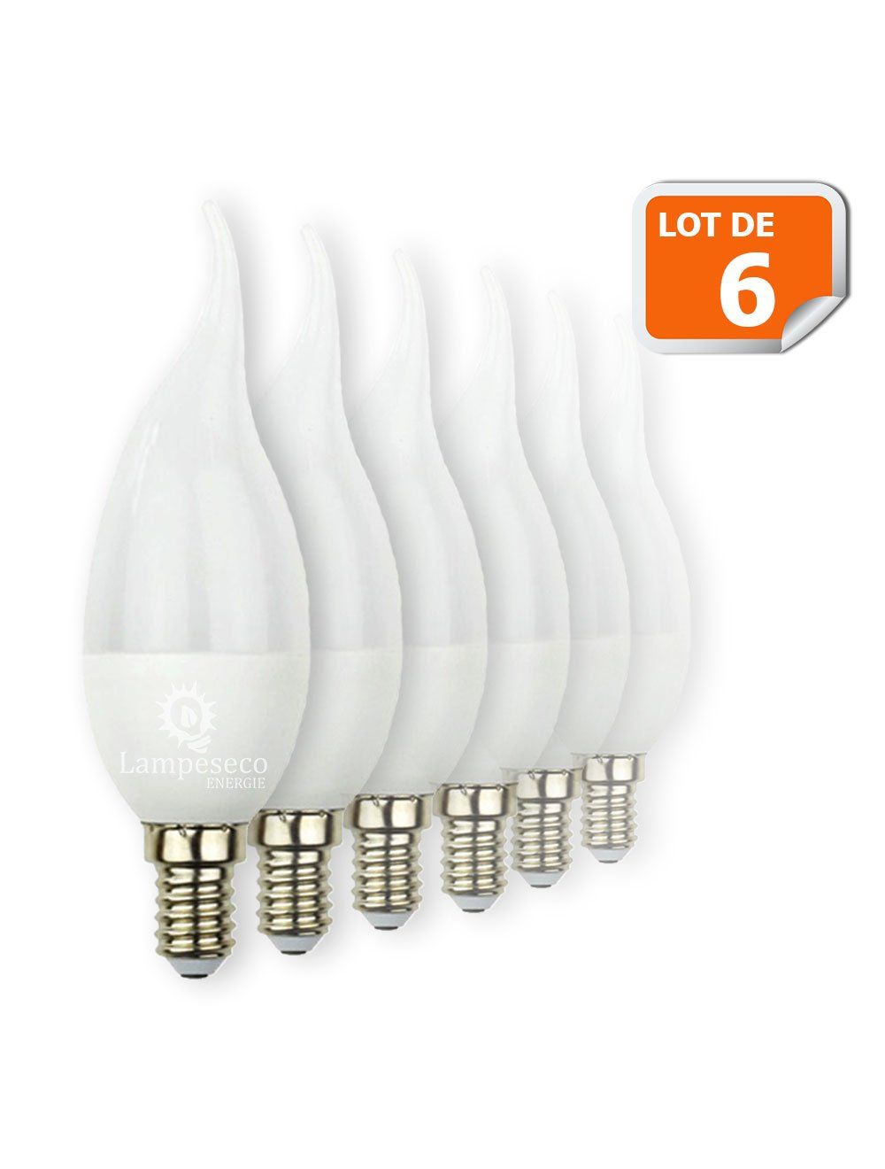 Lot de 6 Ampoules LED E14 Flamme 5W Eq 40W Blanc Chaud