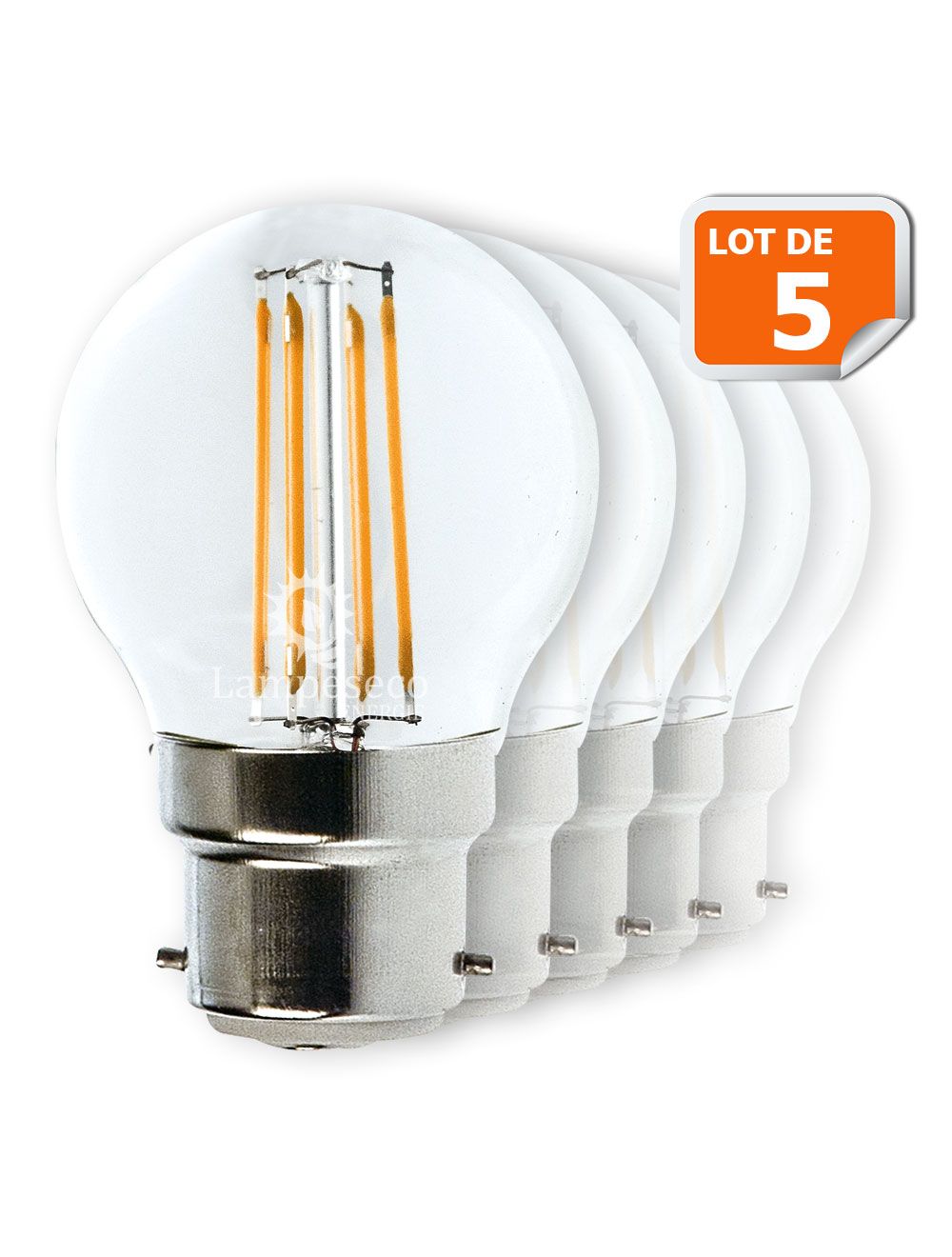 Lot de 5 Ampoules Led Filament Culot B22 forme G45 4 Watt (éq 42 watts)  Blanc Chaud